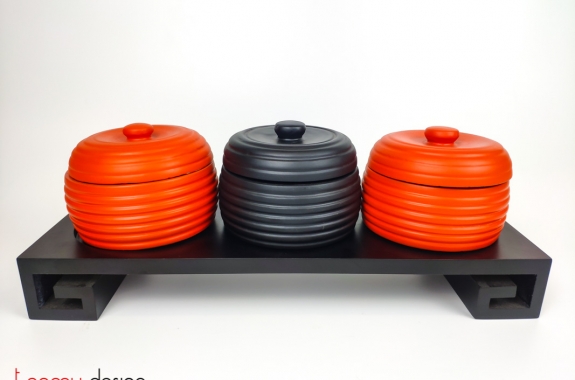 Set of 3 round black orange candy boxes included stand